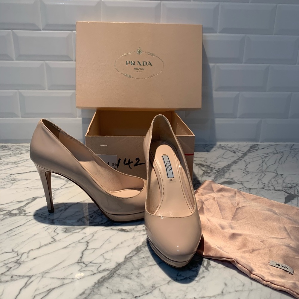 Prada Nude Platform Patent Leather Heels